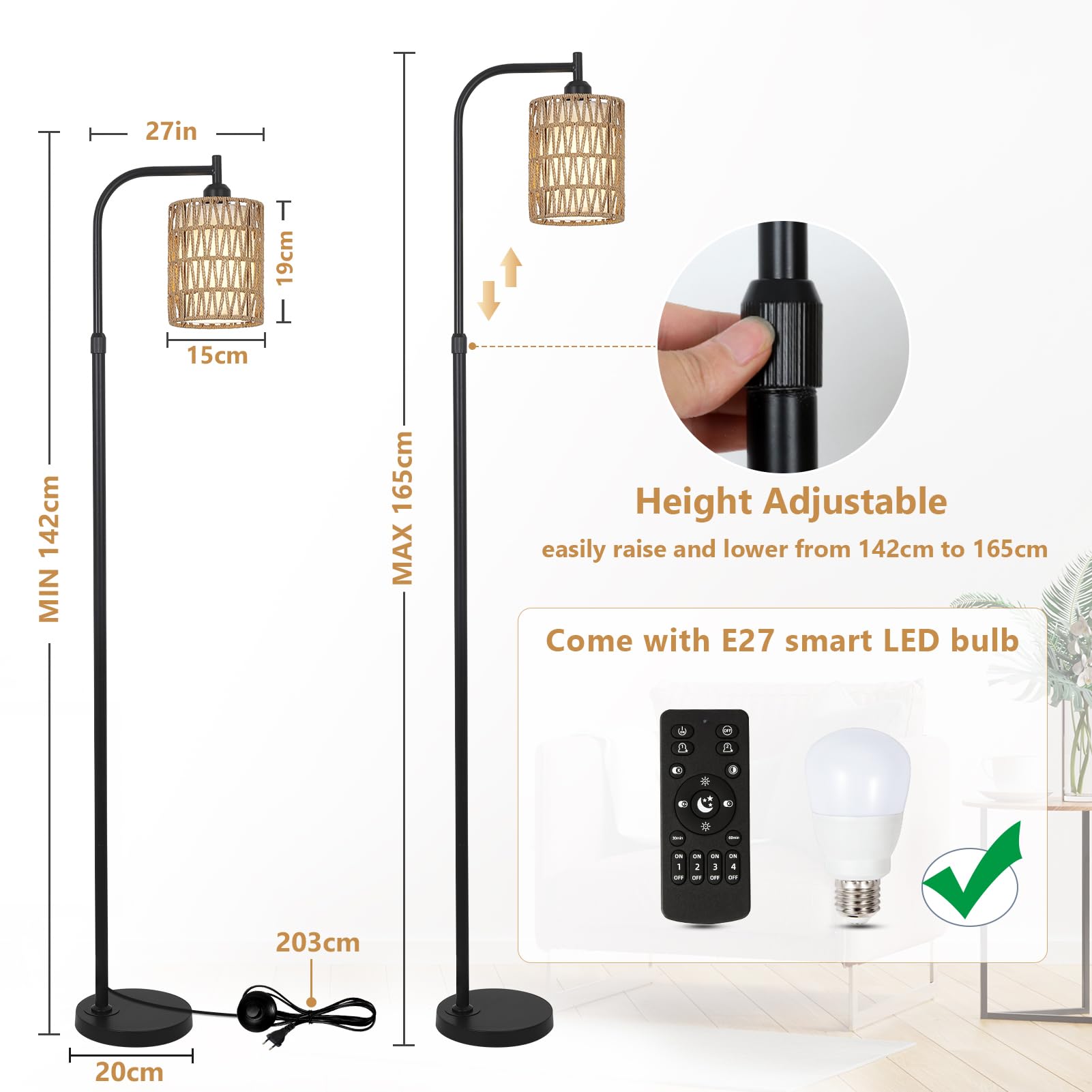 Rayofly Lámpara de Pie Ajustable Salón, Lámpara de Pie de Ratán con Mando a Distancia, App Control, Lámpara de Pie Boho con Pantalla de Ratán y Lino, Lámpara de Pie para Dormitorio, Altura Ajustable