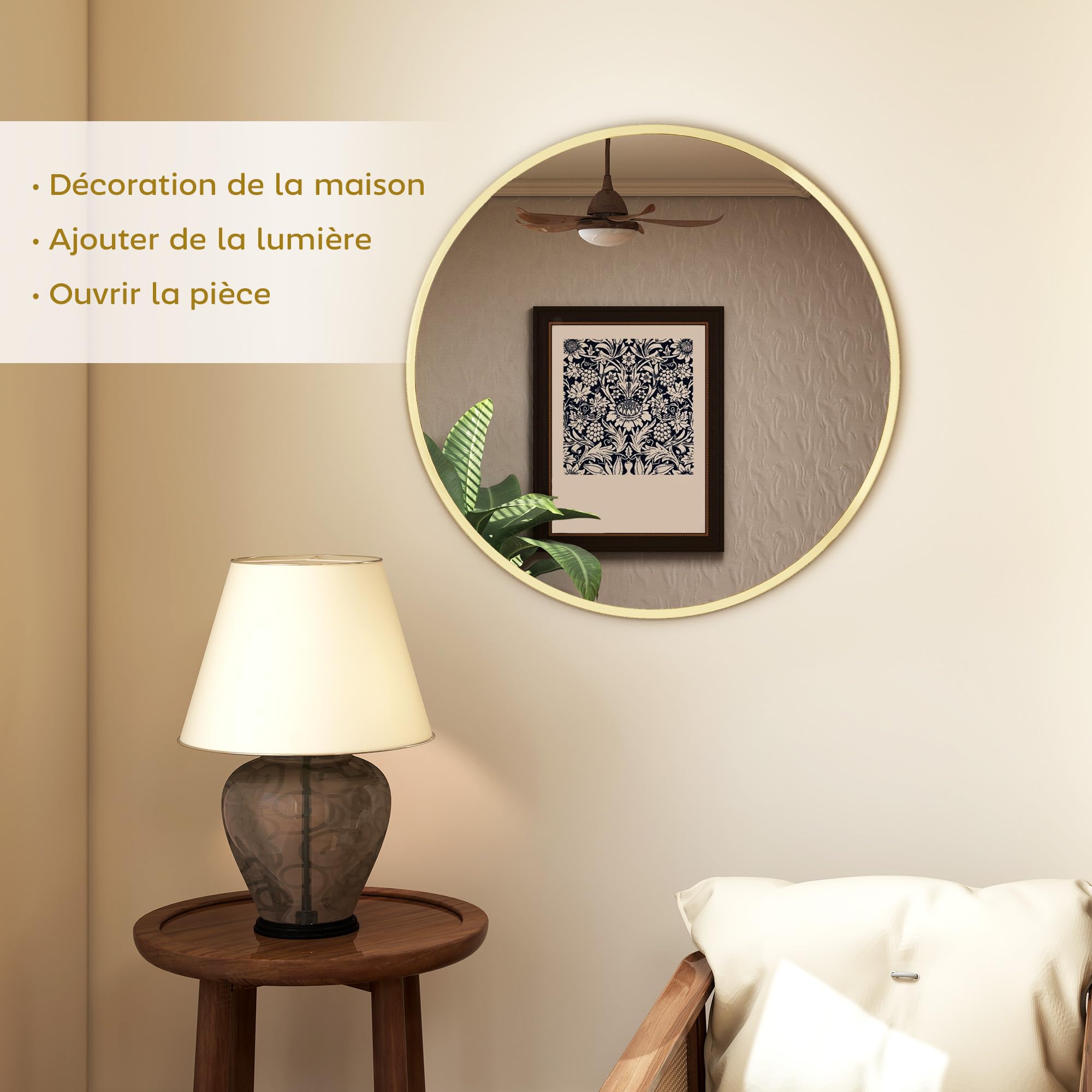 HOMCOM Espejo de Pared Redondo 61 cm baño Dorado