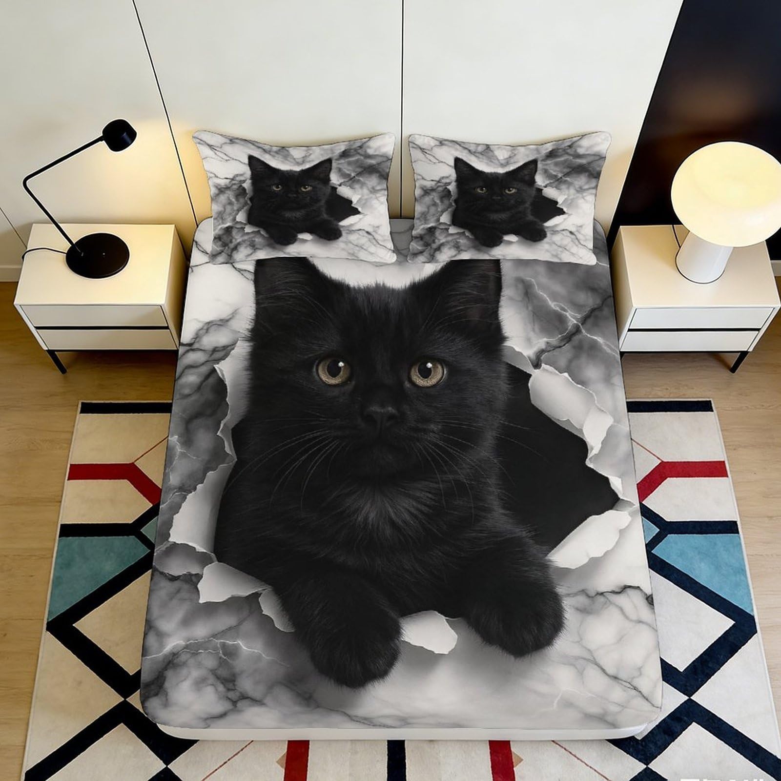 Jqzkxnhpbr Style-7 3D Printed Black Cat Fitted Sheet Microfiber Soft Bedroom Decor Realistic Cat Face Bed Cover For Home Dorm 90X200x25cm