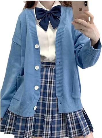 Womens Japanese Cute Kawaii Knitted Cardigan Sweater Cosplay Long Sleeve Button Down JK School Uniform Jacket