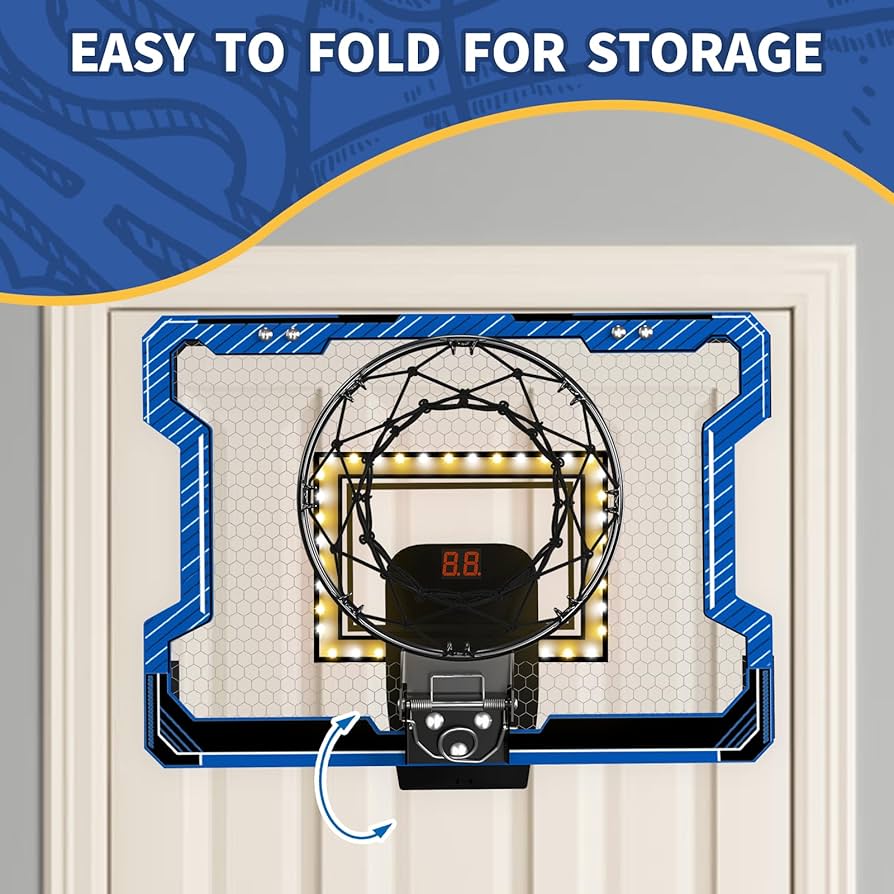 Hoop For Kids HYES Dual Basketball Hoop For Kids, 2 Player Mini Basketball Hoop With LED Lights, Indoor Mini Hoop With 4 Balls, Scoreboard, Pump, Over Door Basketball Toy Gifts For Kids