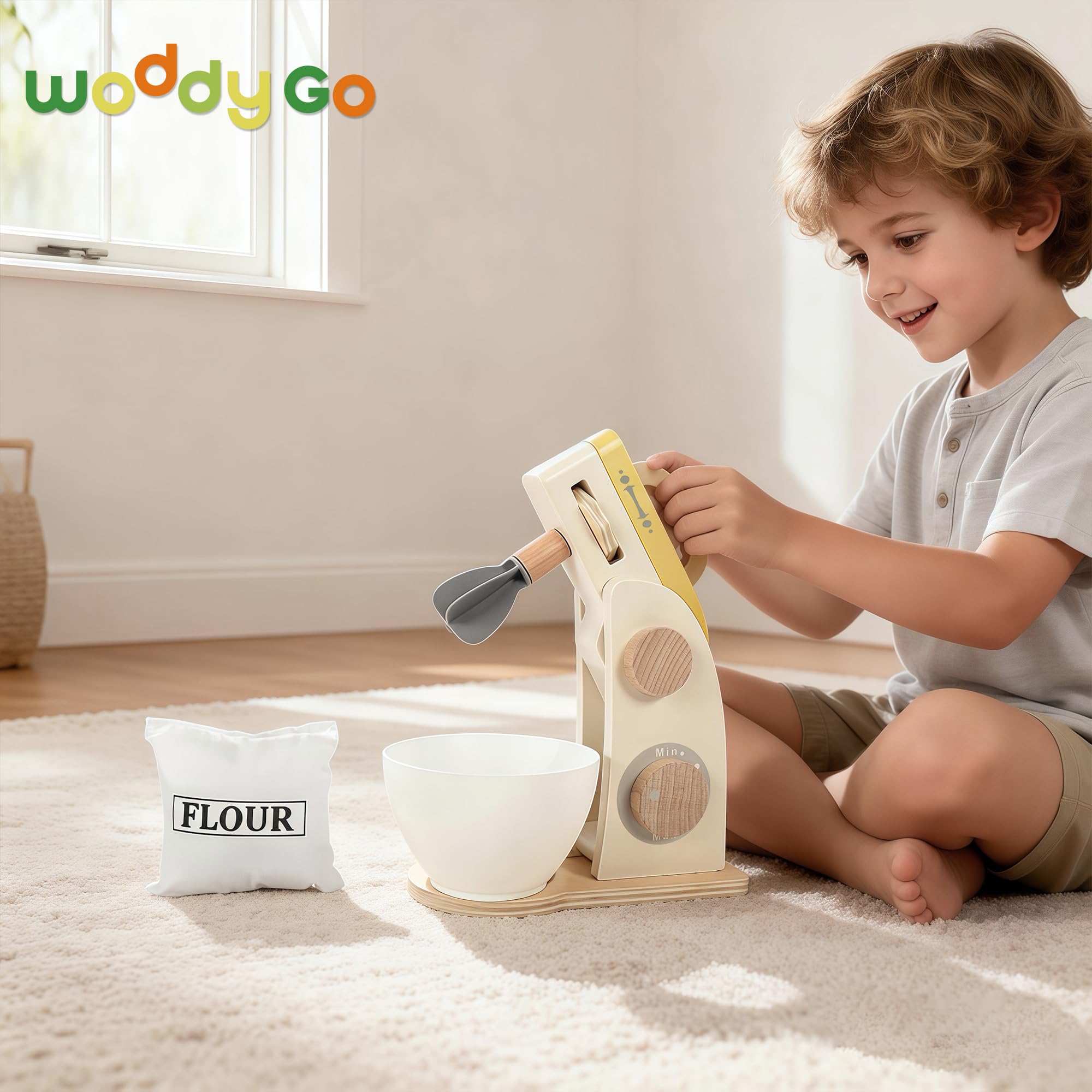 Holz Küchenmixer Spielzeug für Kinder, Kinderküche Zubehör Holz Rollenspiel Set, Spielküche Backmaschine mit Hebearm, Spielzeug für Mädchen & Jungen