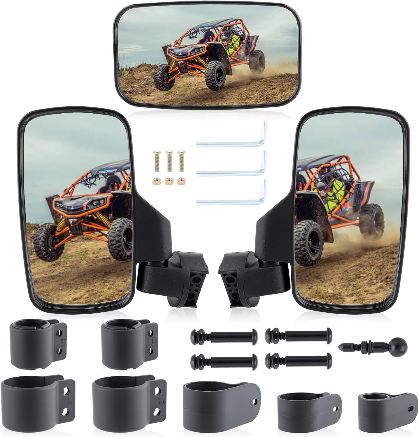 UTV Side Mirror And Center Mirror Fit 1.6" to 2" Roll Bar Cage, Adjustable Rearview Side Mirror Compatible with Polaris RZR Ranger Can-Am Maverick Yamaha Rhino Kawasaki Honda Pioneer Talon Arctic Cat