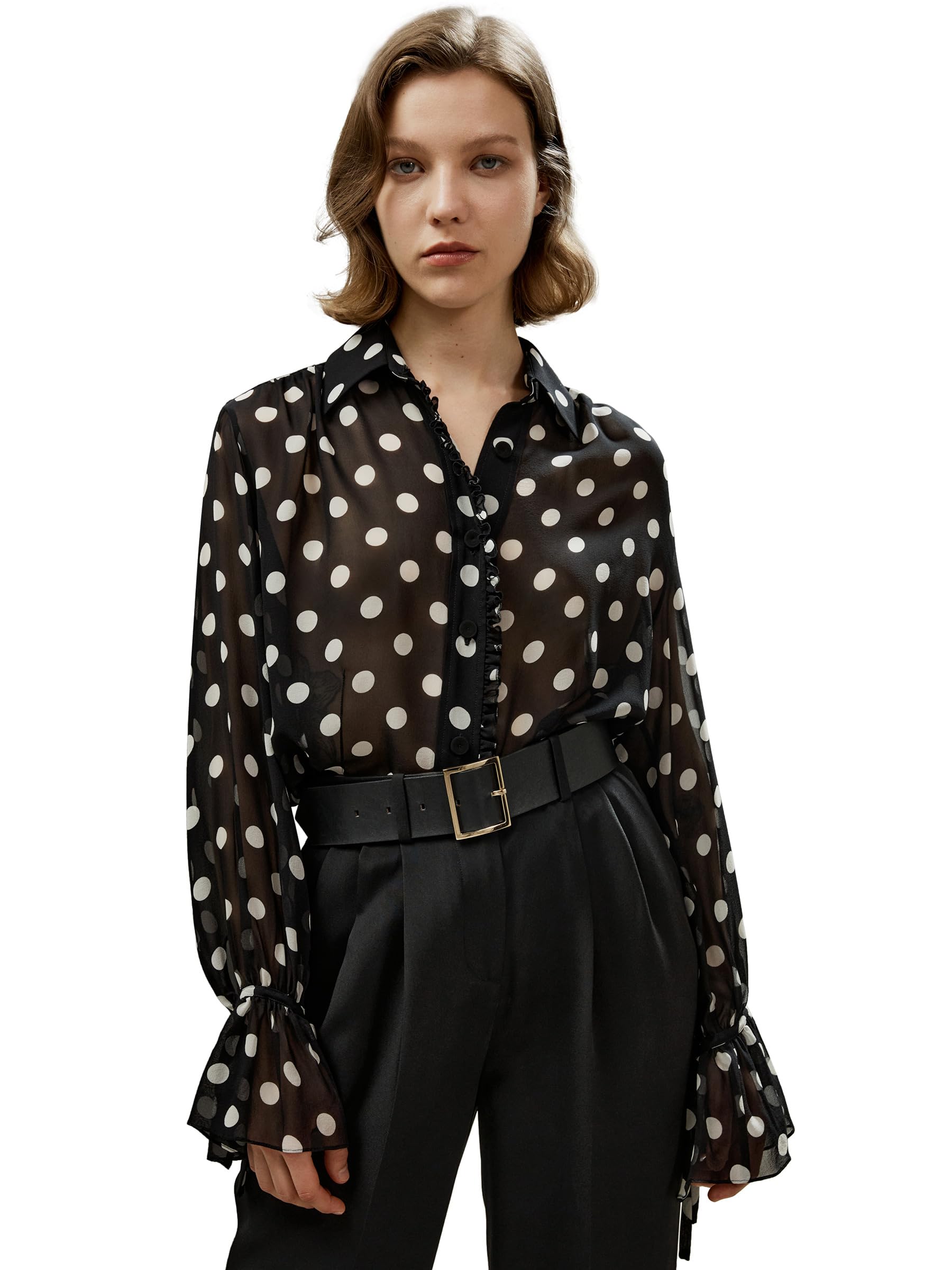 LilySilk Damen Seidenhemd Frauen weiße Dot Print Bluse mit Schleifen Ärmeln und Rüschen Knopfleiste am Knopfverschluss leicht und glatt