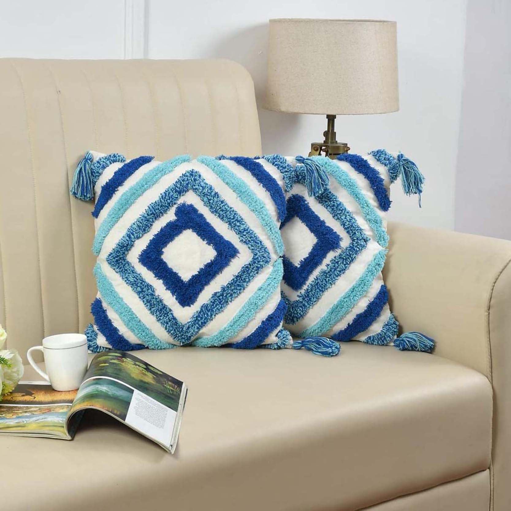 XY DECOR Luxurious Attractive Printed Design Pure Soft Cotton Hand Tufted (Pack of 2)-16" X 16" Inch Cushion Pillow Cover Case (Blue Diamond) (B0DH7RPSHZ) Amazon Price History, Amazon Price Tracker