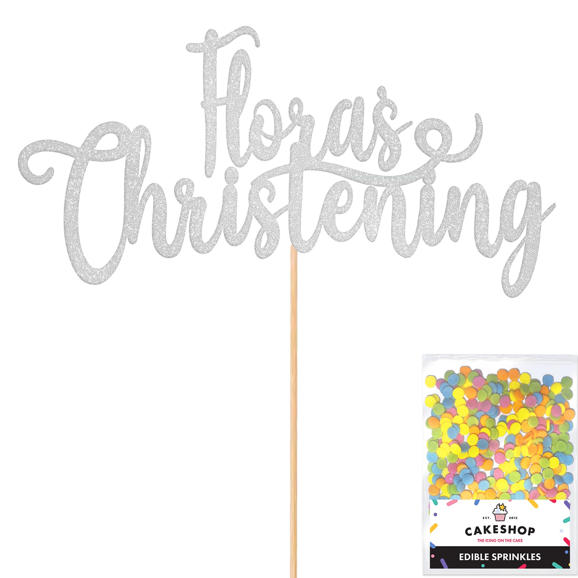 Cakeshop Personalised Christening Glitter Cake Topper With Sprinkles - Light Silver Custom Colour - Any Name - Double-Sided Glitter Card Cake Decoration - Custom Toppers for Cakes