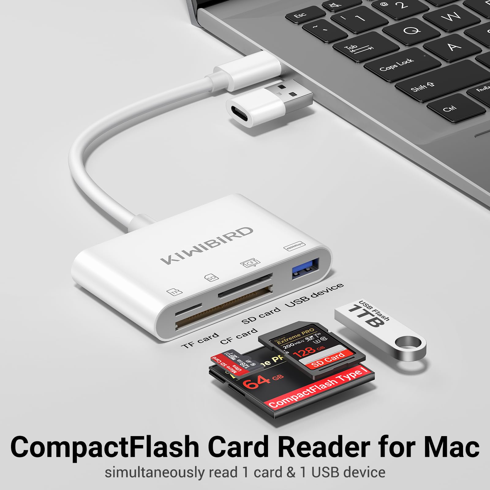 KiWiBiRD Czytnik kart USB C Compact Flash CF, czytnik kart SD Micro SD SDHC typu C do kart pamięci aparatu, kompatybilny z iPhone 17 16 Plus Pro Max MacBook Air Mac iMac, Galaxy S25 S24 Android