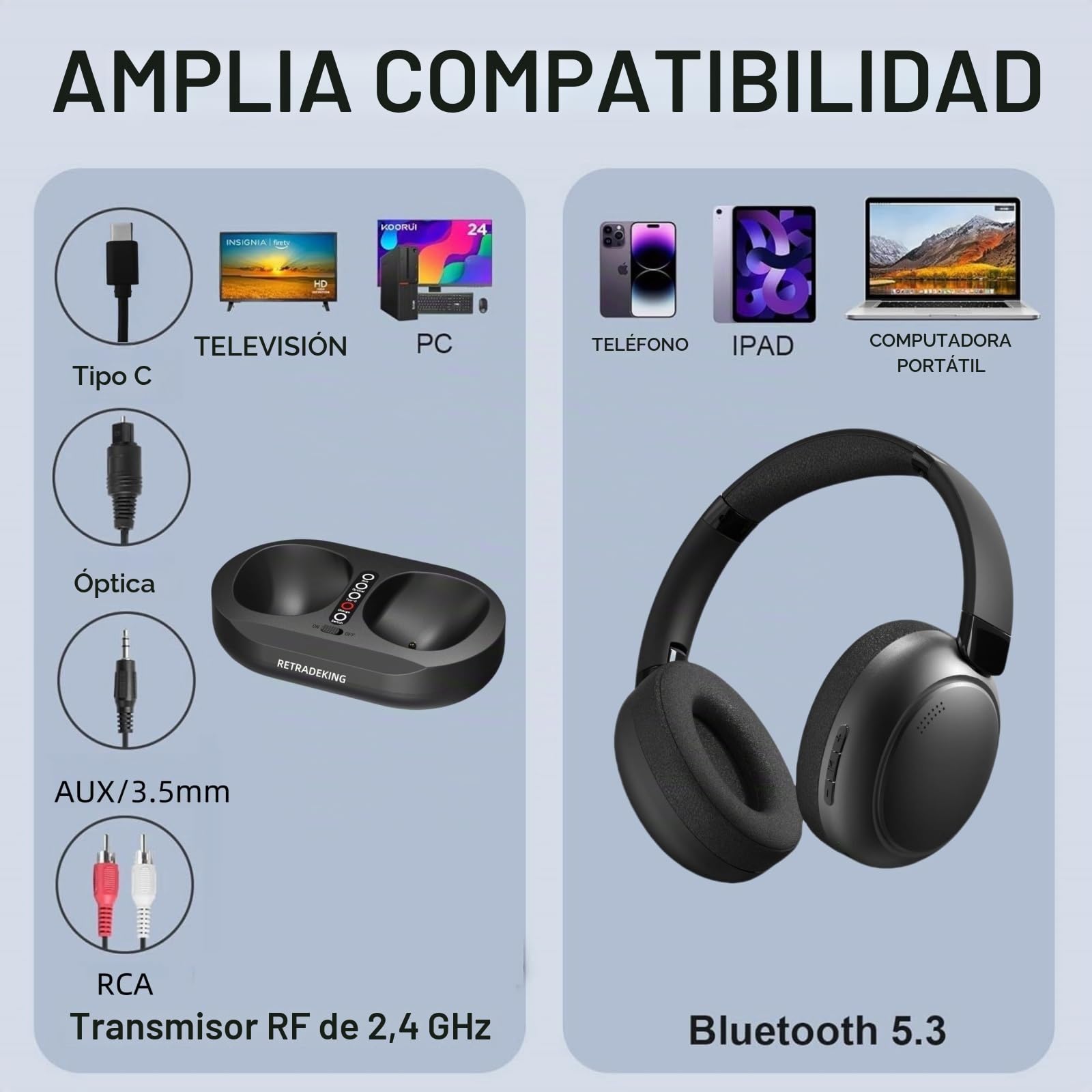 Auriculares Inalámbricos para TV, Auriculares para TV con Base de Carga para Transmisor, Cascos Supraurales para TV para Personas Mayores, Cascos Bluetooth con 50 Horas de Duración, Negro