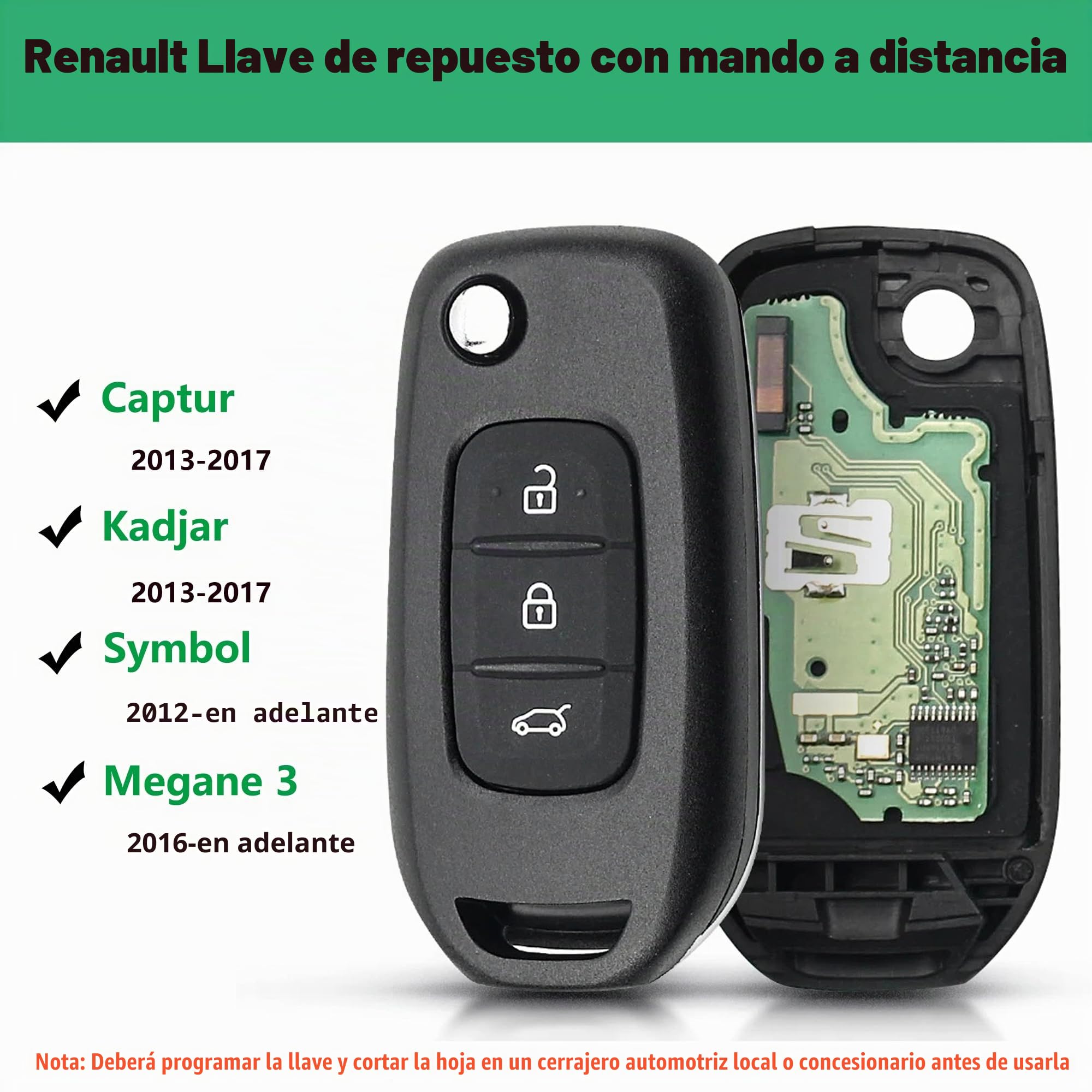 Heart Horse Carcasa Mando Llave de Coche 3 Botones Compatible con REN Ault Kadjar Captur Megane 3 Symbol Plegable Carcasa Repuesto Funda Llave con 433MHz 4A PCF7961M Chip VA2 Hoja(CWTWB1G767)