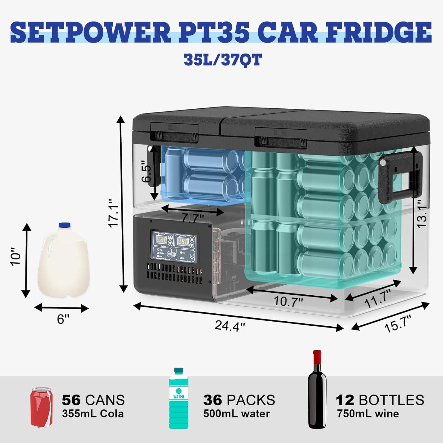 Setpower PT35 Car Refrigerator with PG216 Portable Power Station,35L Dual Zone Portable Freezer,0?-50?,12/24V DC Refrigerator Electric Cooler for Car Camping, RV,Truck,Vehicles,Travel