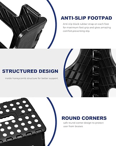 Miniatura 7 de ACKO Taburete plegable para niños y adultos, taburete de pie de 11 pulgadas, taburete de plástico negro con mango portátil, taburete pequeño con