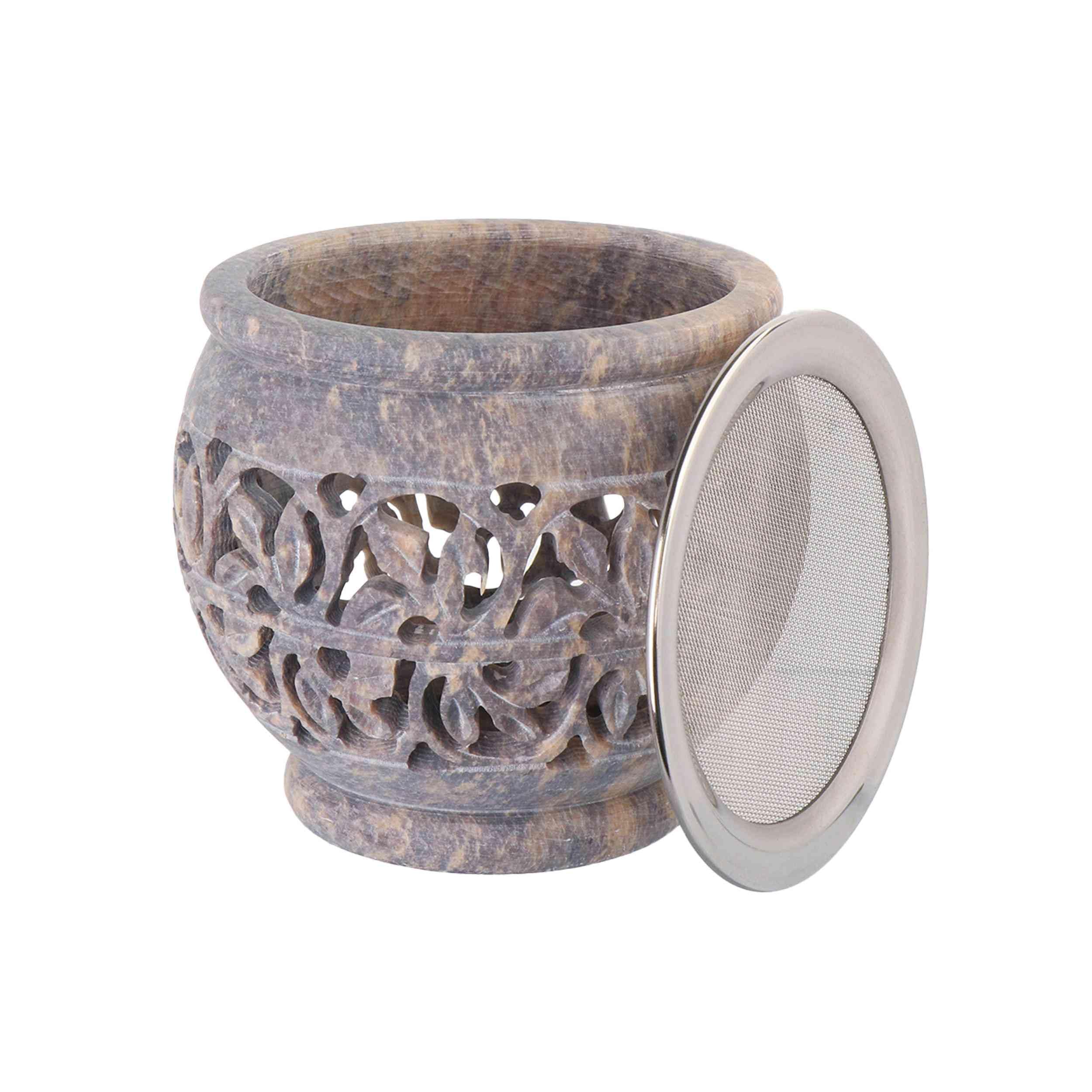NKlaus Räucherstövchen 9x9cm – rundes Speckstein-Stövchen mit umlaufender Gravur & Räuchersieb, für Harze, Kräuter, Rituale & Meditation 16691