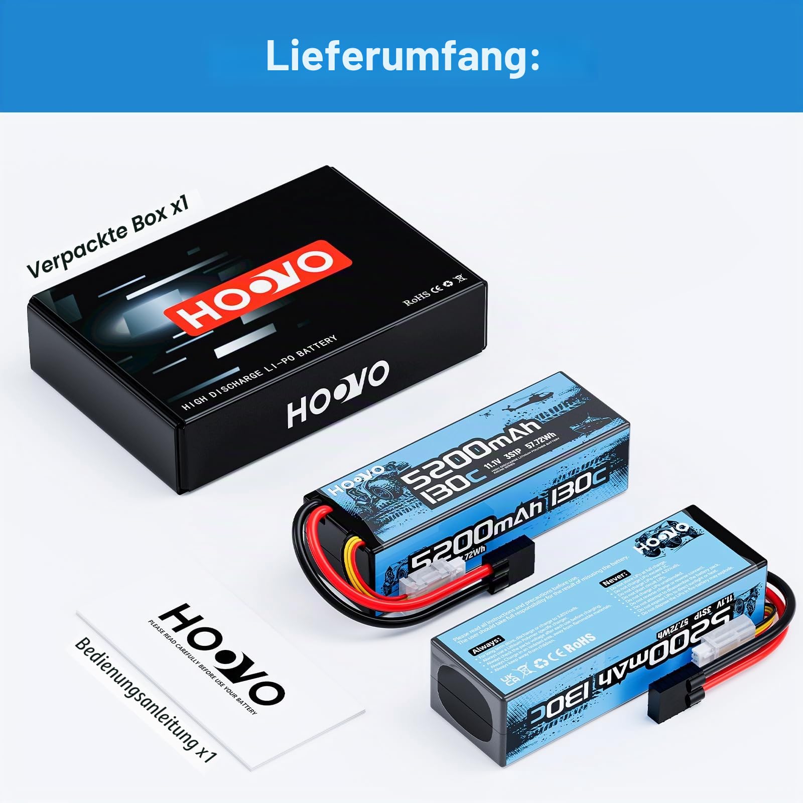 HOOVO 3S LiPo Akku Battery 11,1V 5200mAh 130C Hartschalenkoffer mit TRX Stecker Wiederaufladbarer Akku Ersatzakku 2 PCS for 1/5 1/8 1/10 RC Car Truck Boat FPV Drone Airplane