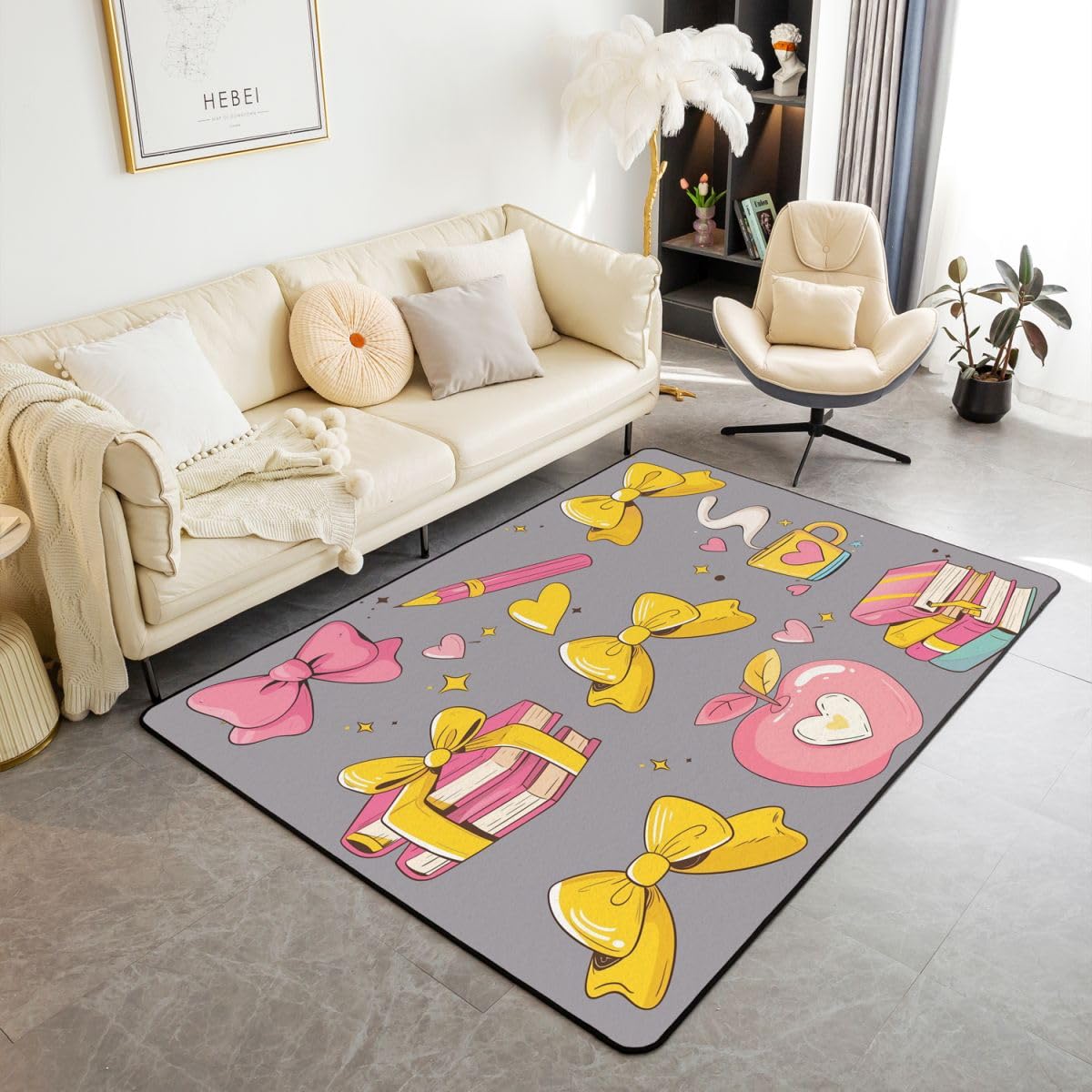 Homewish Bandschleife Teppich 150x200 Ästhetik Bleistift Teppiche Wohnzimmer Apfel Buch Kaffeetasse Sternmuster Rug Stilvoll Pflegeleicht Liebesherz Kawaii Mädchenhafte Schleife Carpet Living Room