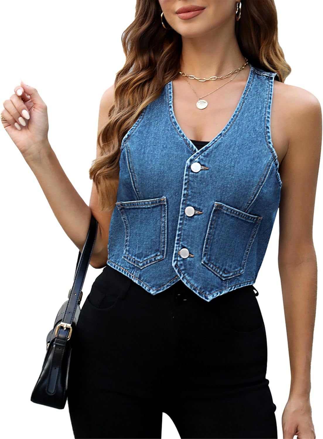 Ladyful Womens Crop Denim Vest Top Sleevelesss V Neck Button Up Jean Waistcoat Vest Summer Western Outfits