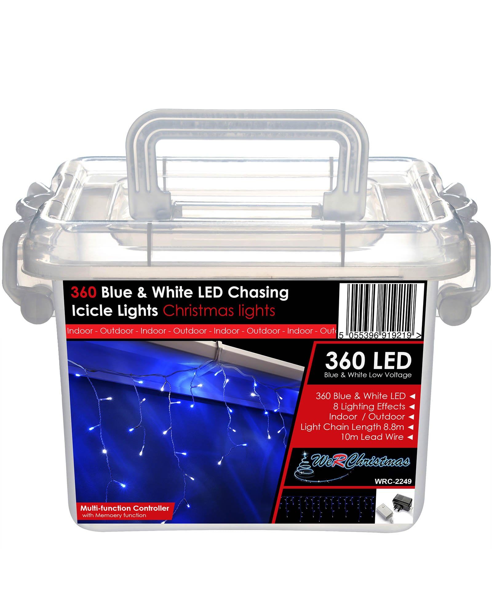 WeRChristmas 360 LED Snowing Icicle Christmas Lights String with Chasing/Static Settings with 18.8 m Cable, Blue and White