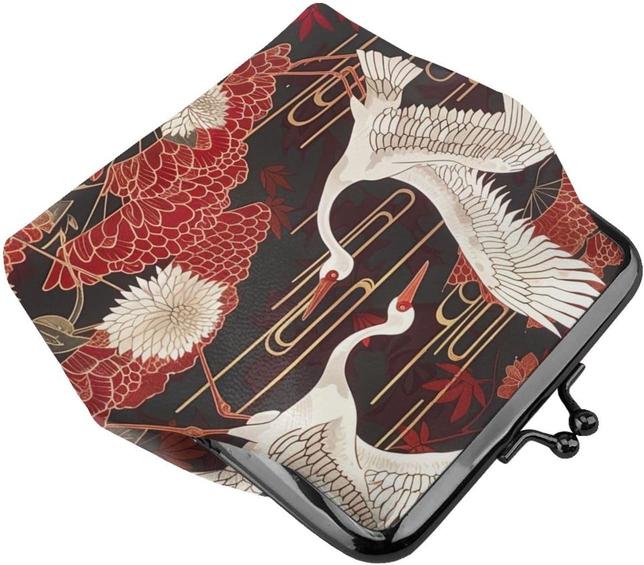 Two Cranes Chrysanthemums Printed Coin Purse for Women Cute PU Leather Coin Wallet Mini Coin Purse Pouch with Kiss-Lock