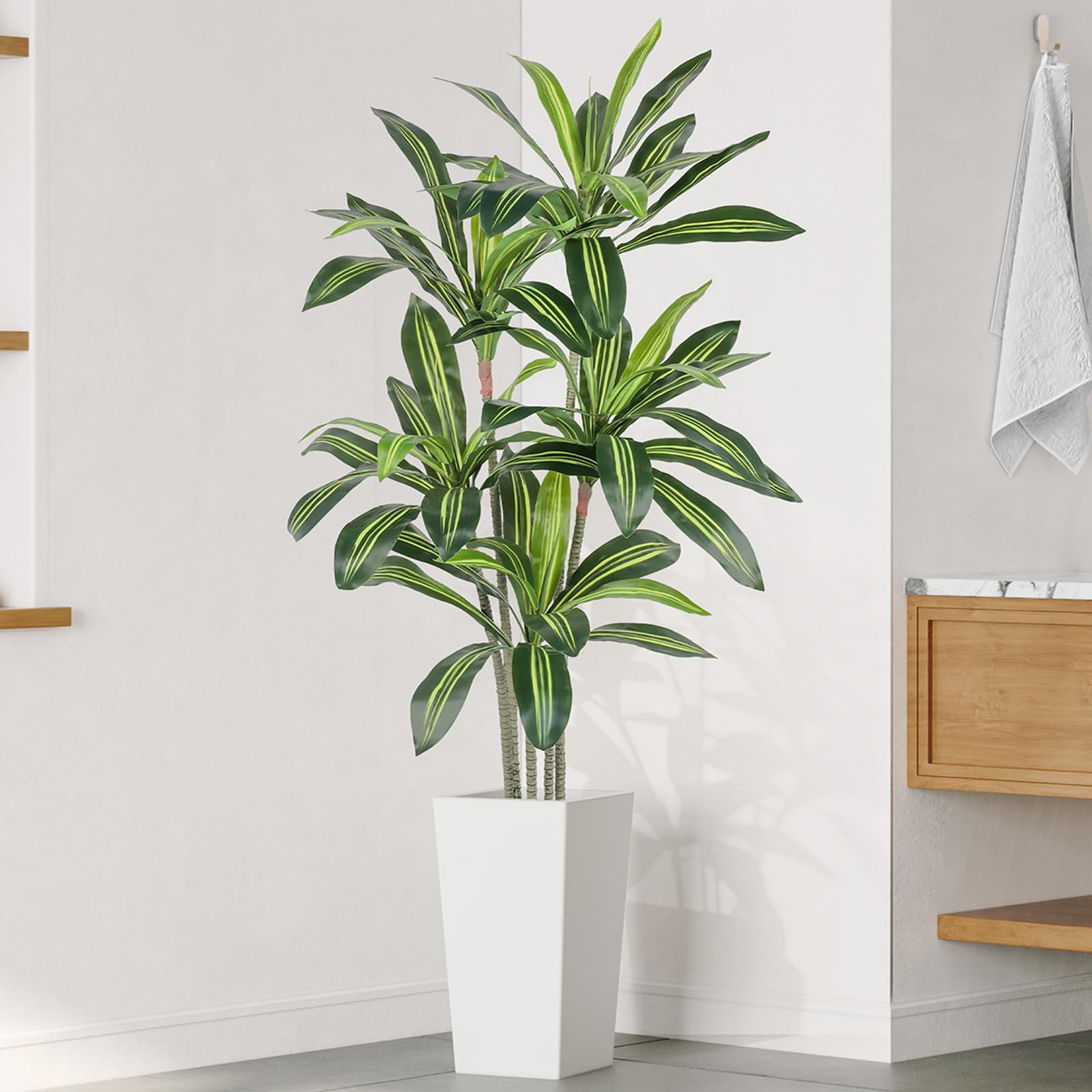 YOLEO 5.5FT Artificial Dracaena Tree with White Tall Planter, Lifelike Fake Silk Tree Indoor, Faux Dracaena Tall Plant for Living Room Bedroom Balcony Corner Office Decor