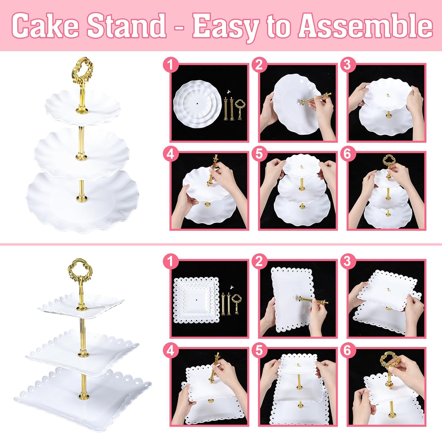 Dessert Table Display,10Pcs Cake Stand Set,4 Pcs 3 Tiered Cupcake Stands and 6 Pcs Dessert Trays Serving Trays for Party Baby Shower Wedding Tea Party