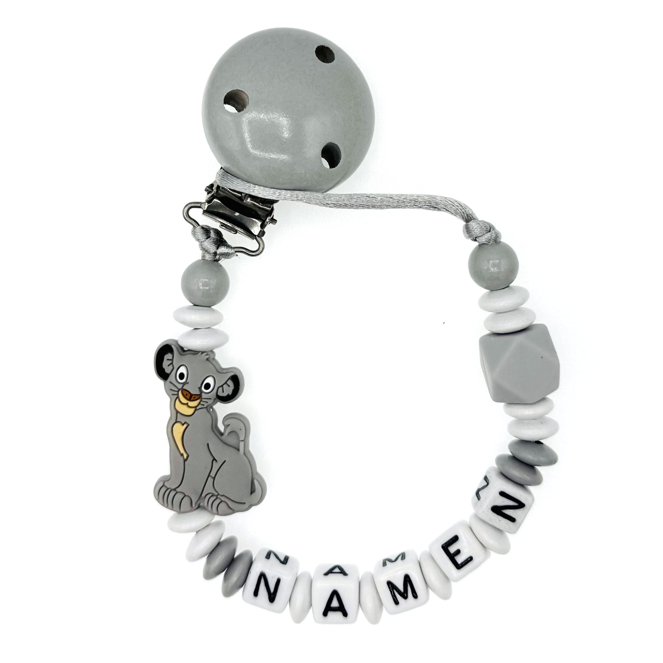 Nuckelkette mit Namen " LÖWE " in verschiedenen Farben und Motiven/Baby/Unisex/Personalisiert/HANDMADE (Hellgrau Weiß)