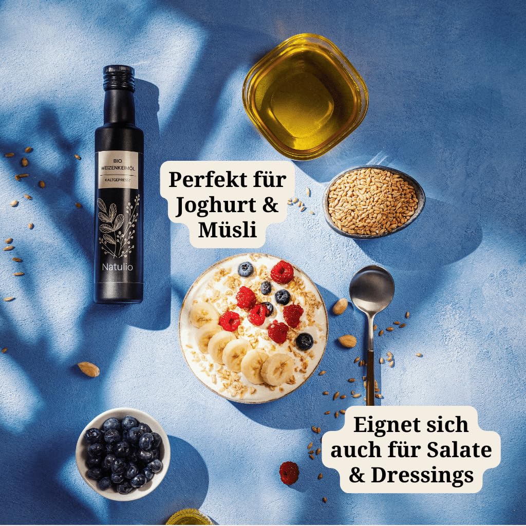 Natulio Bio Weizenkeimöl kaltgepresst 250ml - zur Ernährung sowie zur Hautpflege geeignet - reich an Omega 3 Fettsäuren und Vitamin E - zertifiziert nach DE-ÖKO-006