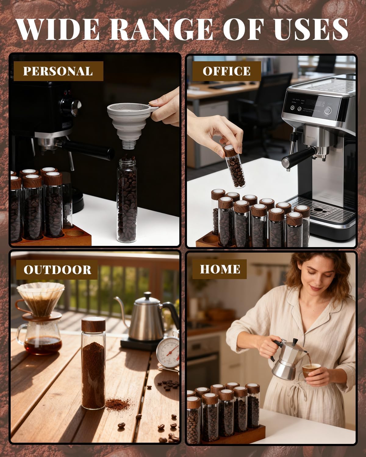 12PCS Single Dose Coffee Bean Storage Tubes Set with Walnut Wood Stand, Collapsible Silicone Funnel & 24 Labels, Espresso Bean Storage Container Holder Coffee Dosing Tubes