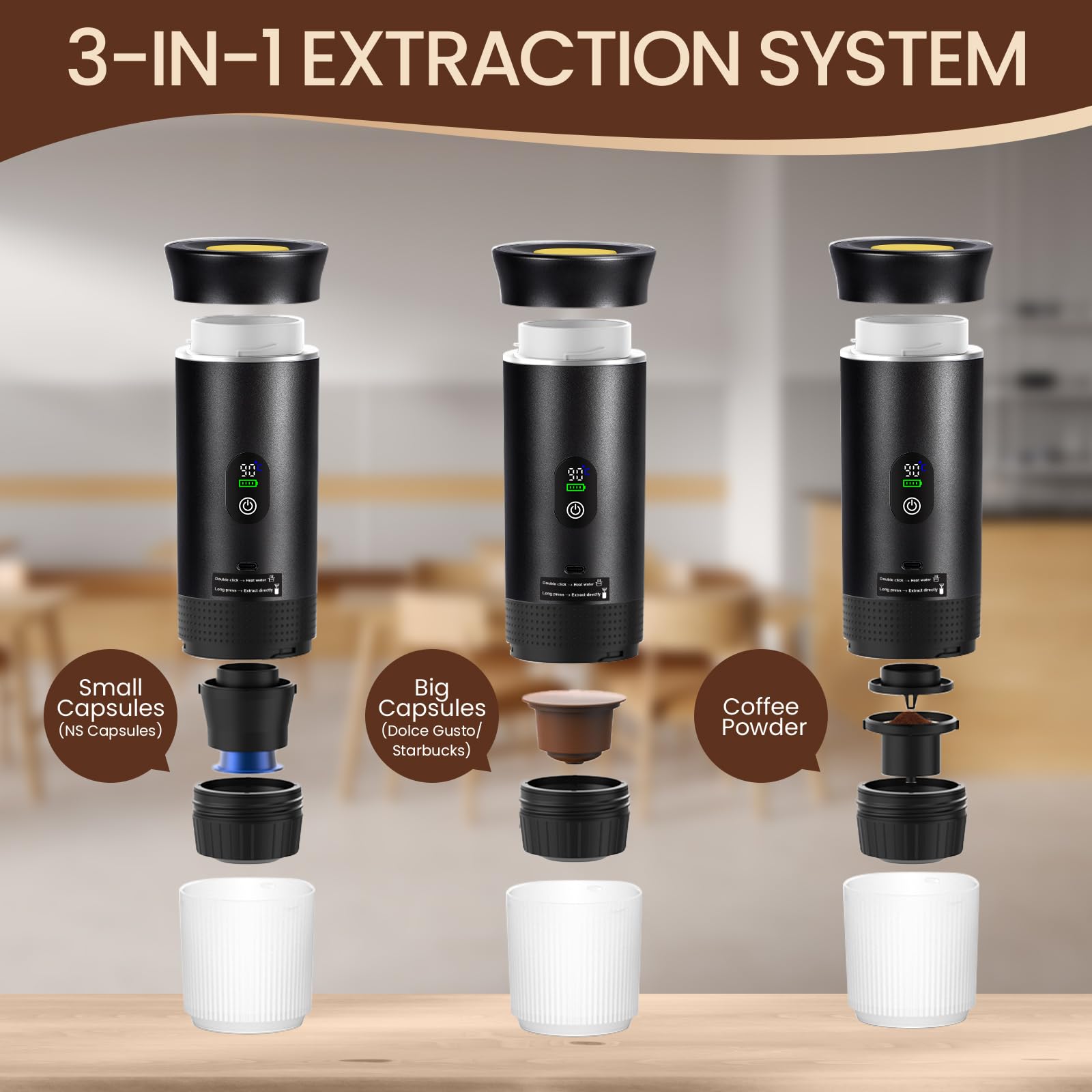 SOPPY Cafetera portátil Máquina de café espresso de camping, cafetera de cápsulas Expresso Cafetera recargable Calefacción rápida, compatible con café molido y cápsulas de café, Negro