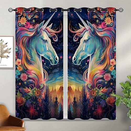 Miniatura 2 de Cortinas opacas de unicornio para niñas y niños, decoración del hogar, lindo arco iris de fantasía de ensueño con ojales, cortinas con aislamiento
