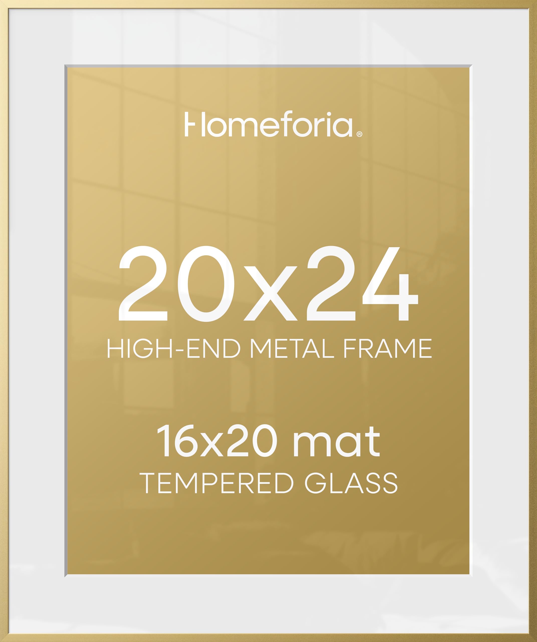 Homeforia 20x24 Picture Frame Gold, High End Metal 24x20 Frames for Wall, 20x24 Gold Frame Matted to 16x20 Print, 20 x 24 Poster Large Frame with Mat 16 by 20 Photo, Tempered Glass, Wall Kit, Set of 2