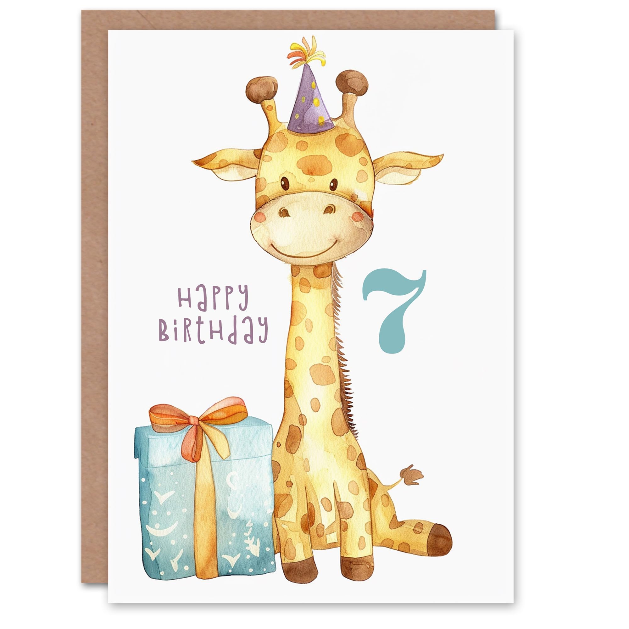Artery8 7th Birthday Card Cute Baby Giraffe in Party Hat Cartoon Kids Age 7 Year Old Child For Son Daughter Girl Boy Happy Card