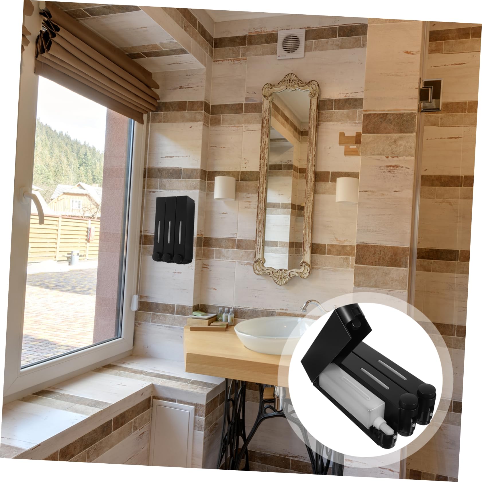 Dispensador de Champú para Ducha de 3 Cámaras Negro Abs | Montaje en Pared, Diseño Manual de Triple Cabezal, Acabado Pvc y Formato Compacto para Baño