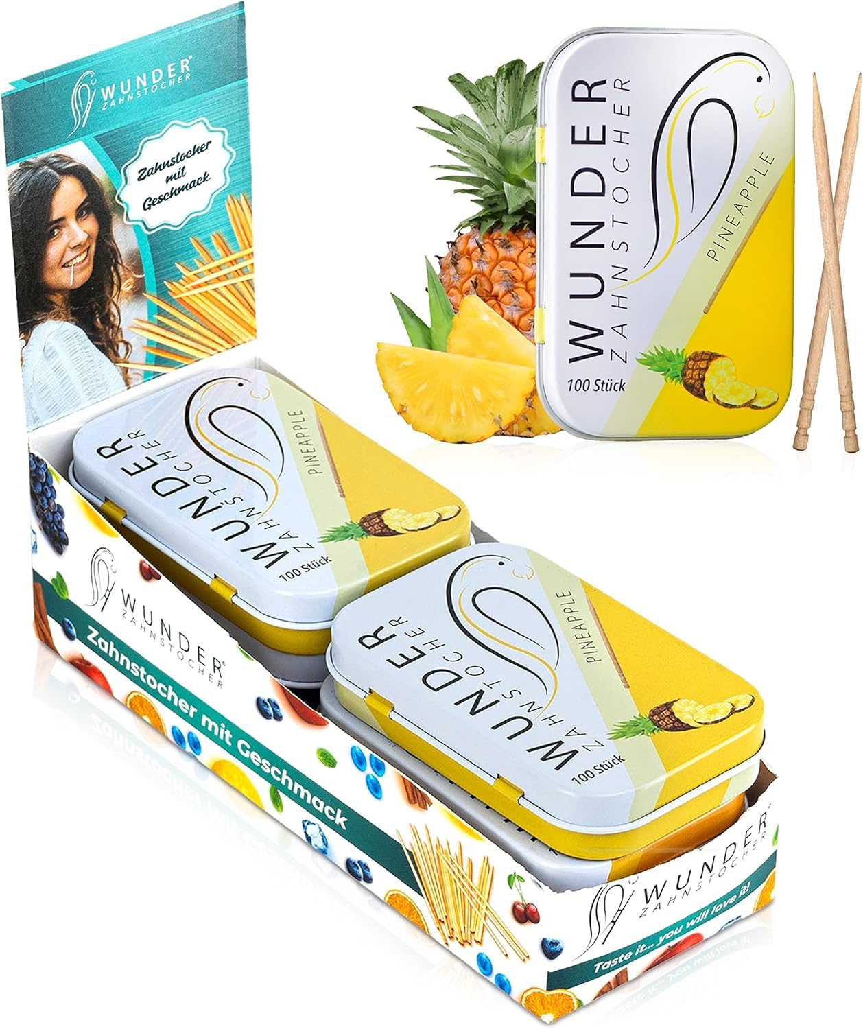 Wunder Palillo Display (pack de 6) - Palillos con sabor - Aliento fresco - Higiene bucal - Palillos sabrosos (piña)