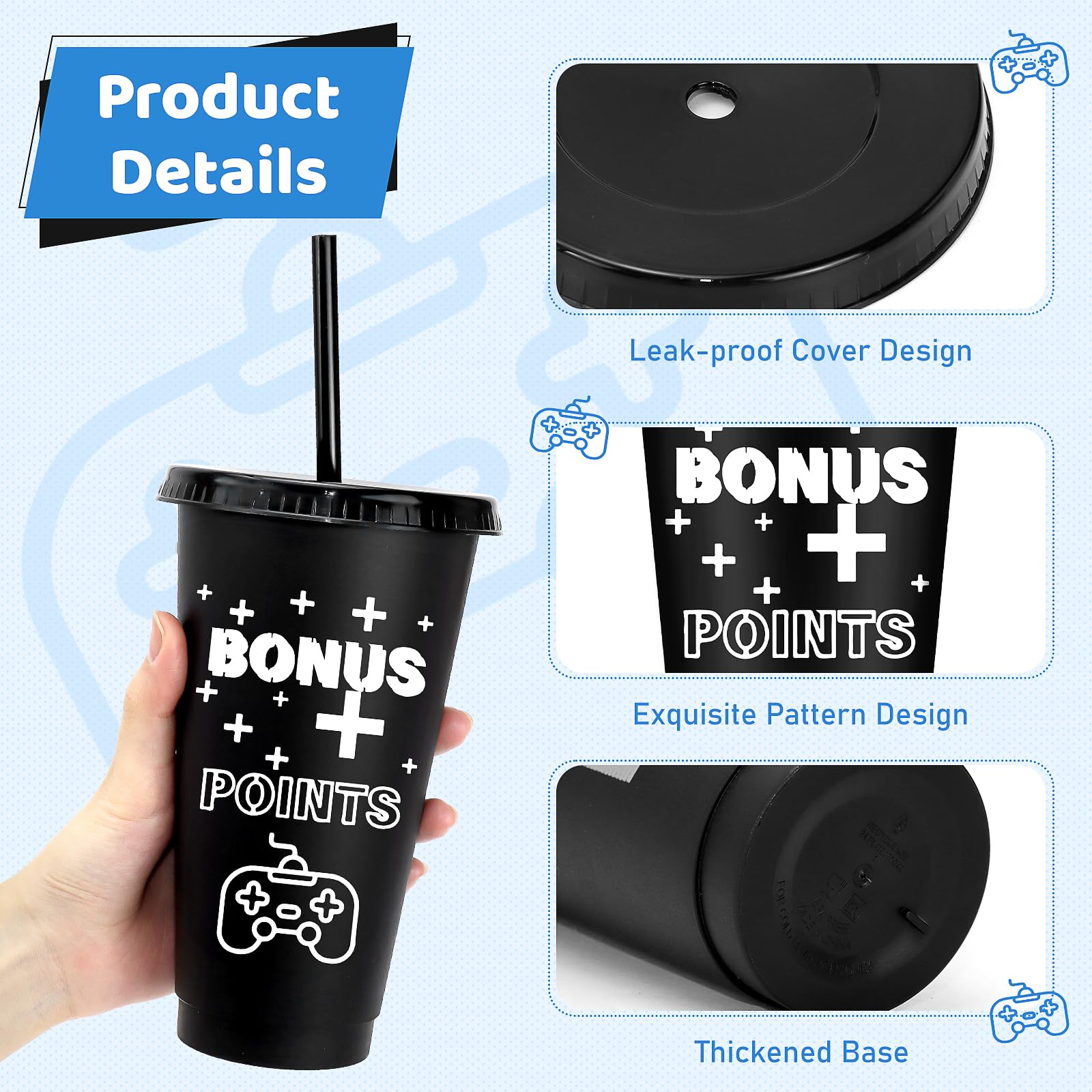 MSYU 24 vasos de plástico para videojuegos con tapas y popotes, vaso reutilizable de 710 ml, tazas de viaje para café helado, botella de agua para juegos, suministros de cumpleaños, adultos, niños