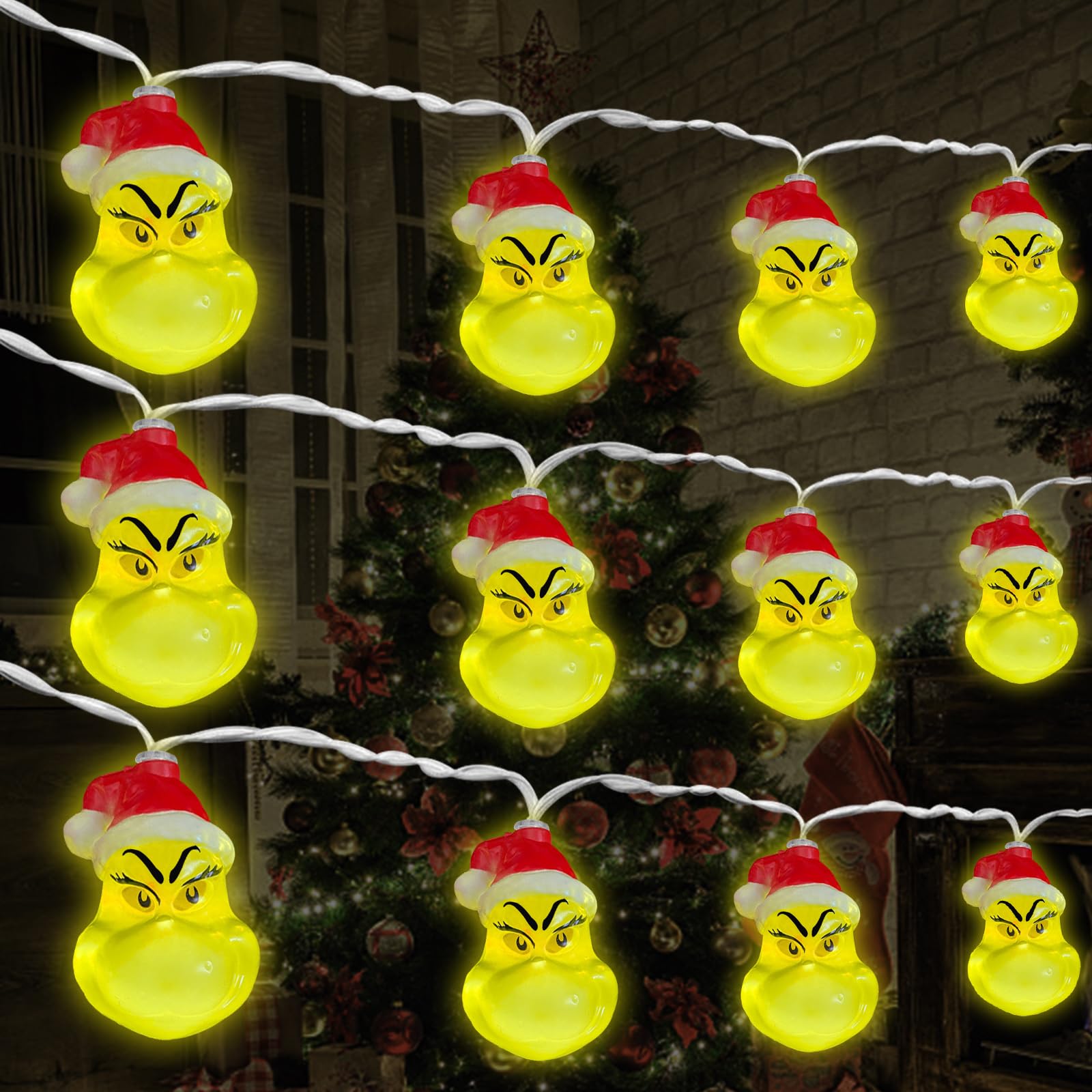 GAROMIA Grin-ch deko - Cadena de luz navideña (20 piezas, cadena ligera de 3 m, grin-ch, Navidad, decoración de Navidad, interior, exterior, cadenas luminosas, luces de Navidad, corona, luces