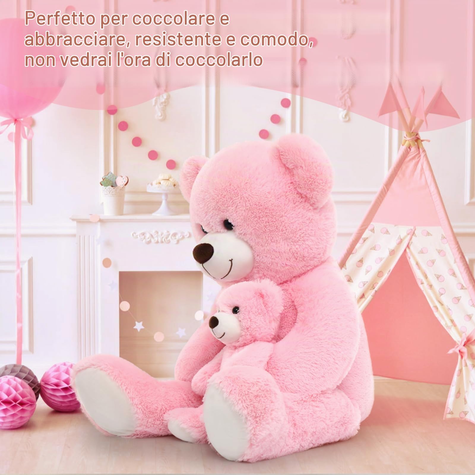 MorisMos 100cm Orso Peluche Gigante, XXL Rosa Orsacchiotto Peluche con Bambino, Orsetto Pupazzo Grande Teddy Bear Regalo per Bambino Lei Lui Fidanzata Compleanno Decorazioni