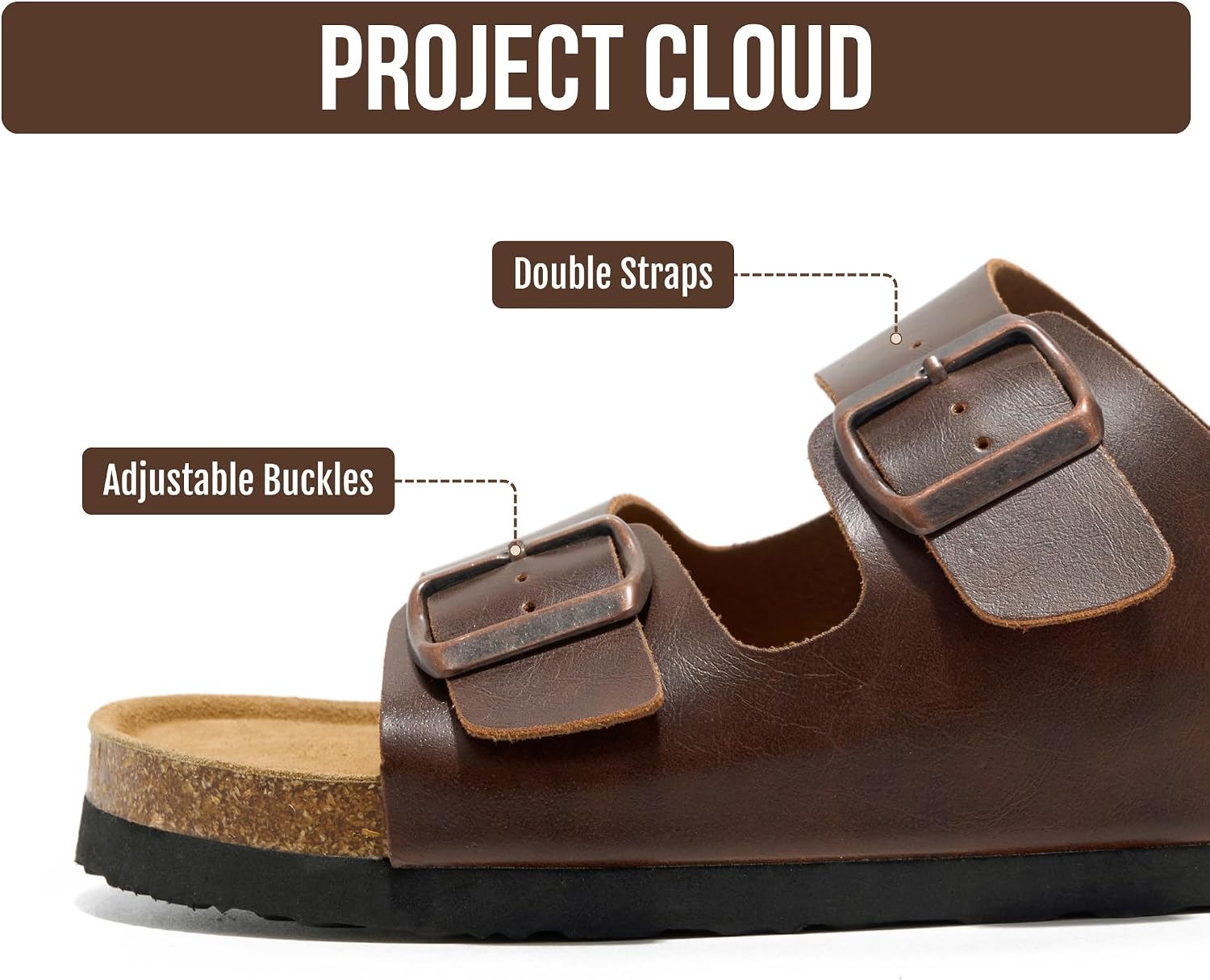 Project Cloud Mens Sandals 100% Genuine Leather - Memory Foam Insole & Cork Footbed Slides for Men Footwear - Non-Slip Summer Sandals for Men & Lightweight Mens Slides (Heritage)