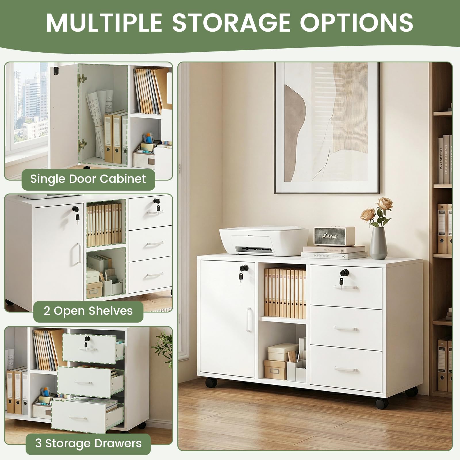 Caisson de Rangement, Meuble Bureau à 4 roulettes, 3 Tiroirs, 2 Compartiments Ouverts à Étagères Réglables,Verrouillable Armoire sous Bureau pour Papier Administratif, Imprimante,Salon,Blanc