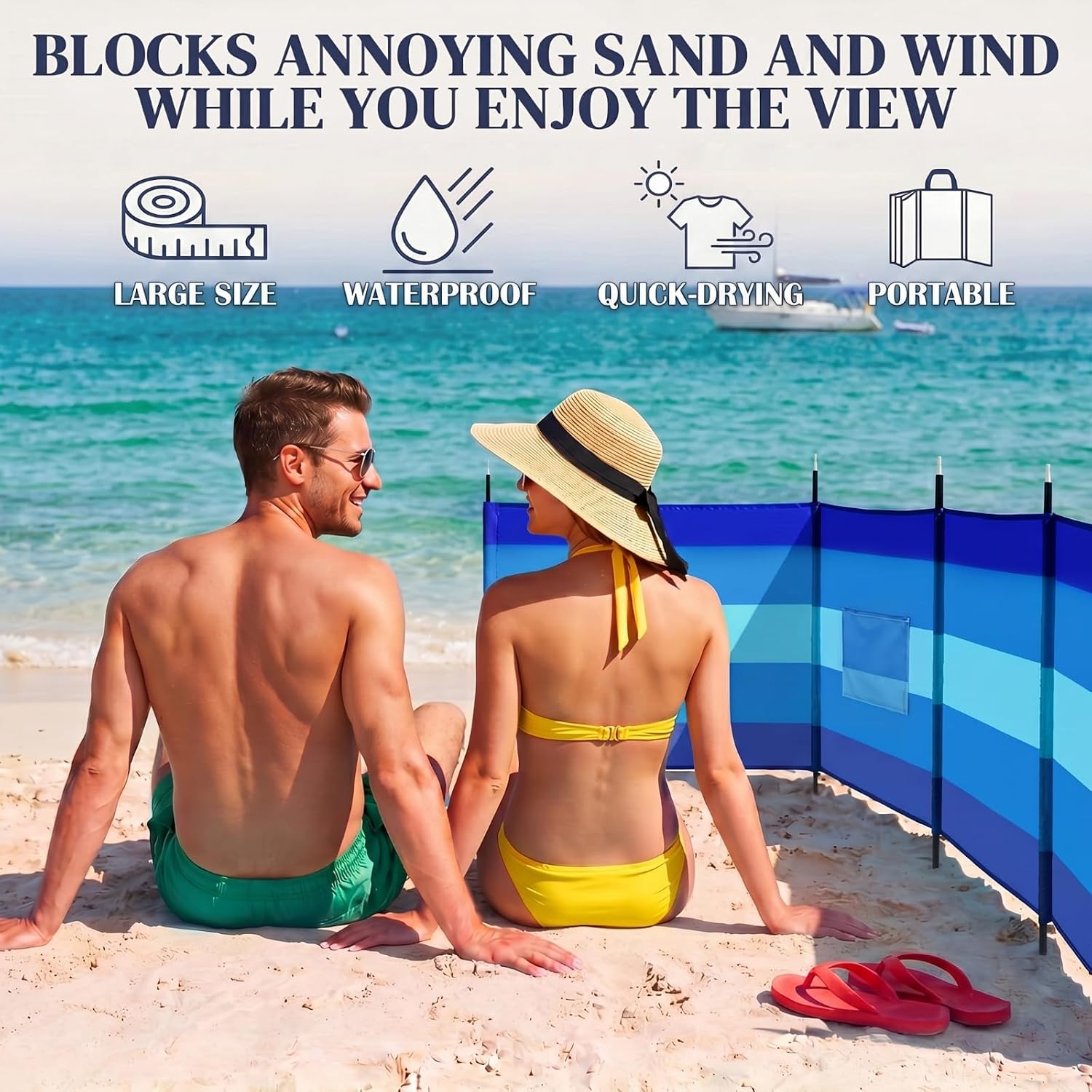 Remagr 20ft Beach Wind Screen Set Wind Blocker Beach Barrier Striped Portable Fence Sand Blocker Long Privacy Screen with 6 Metal Poles & Carry Bag Sunbathing Privacy Screens for Summer Outdoor Sand
