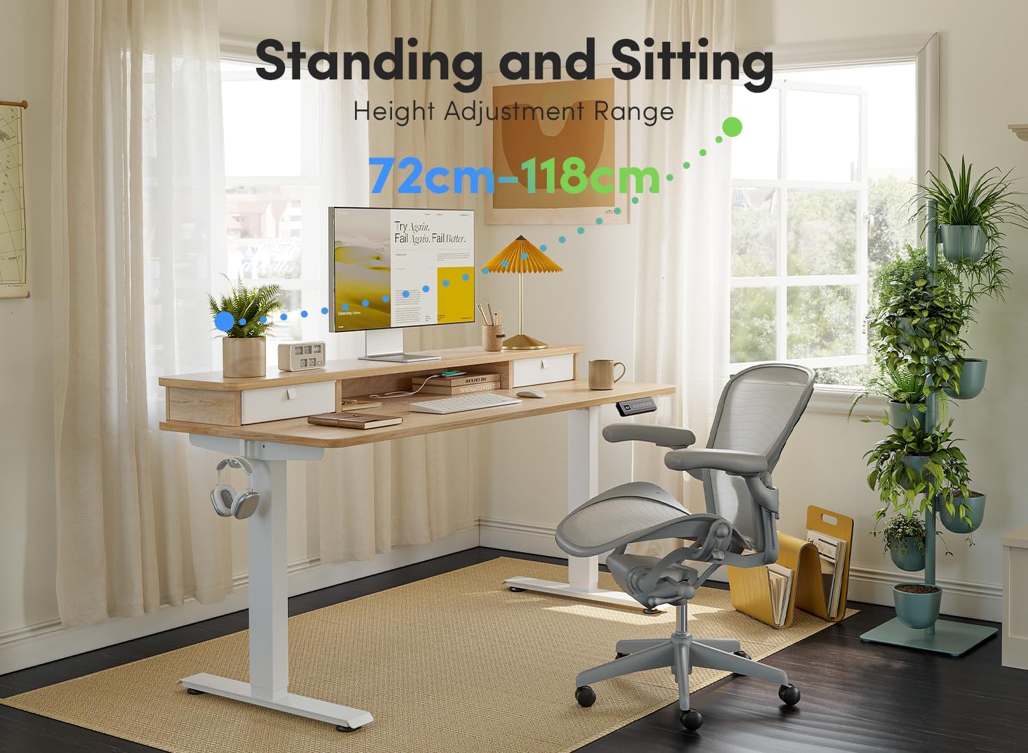 FEZIBO 48 x 24 Inch Height Adjustable Electric Standing Desk with Double Drawer, Computer Desk, Home Office Stand Up Table with 4 Height-Adjustable Feets & 2 Hooks, Light Rustic - 5