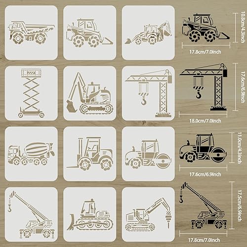 Miniatura 2 de FINGERINSPIRE 12 plantillas de vehículos de construcción de 7.9 x 7.9 pulgadas, plantillas reutilizables de plástico para carretillas elevadoras,