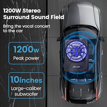 Znclces 2025 Upgraded 10 1200W Slim Under Seat Powered Car Subwoofer, Car/Truck Sub Built in Amplifier for Outstanding Heat Dissipation, Powerful bass and Blue LED (Blue Light)