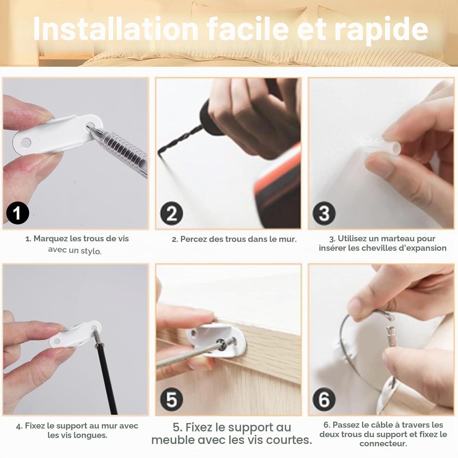 Sangles de Sécurité Meubles Métal Lourd Devoir Ancrages Muraux Protection Bébés Animaux, 12 Kit - Blanc