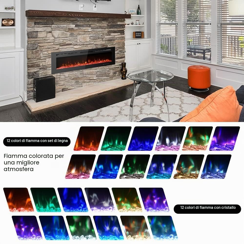 M.C.Haus Camino Elettrico Ultra sottile, Silenzioso, 12 Diverse Fiamme, Montaggio a Parete a Incasso, Touchscreen in Vetro e Telecomando, con Cristallo e Tronco di Legno(127cm/50inch, Nero)