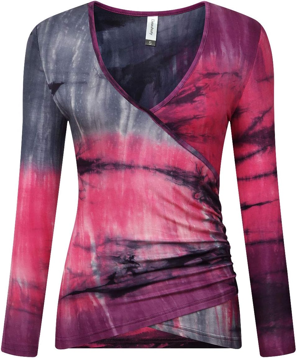 Beauhuty Women’s Deep V Neck Slim Fitted Long Sleeve T-Shirt Front Wrap Ruched Tee Tops