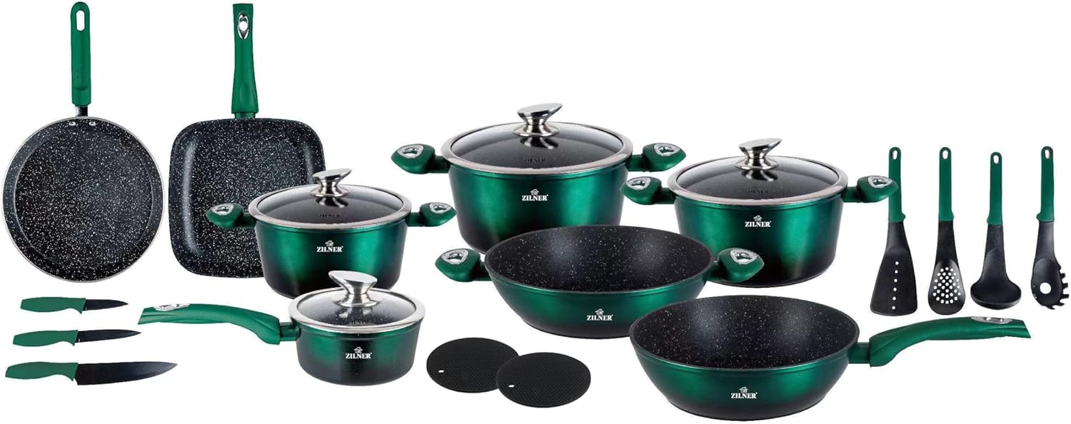 Pots and Pans Set - 21-Piece Pot Set - Marble Coating - with Glass Lids - for All Hobs - Green