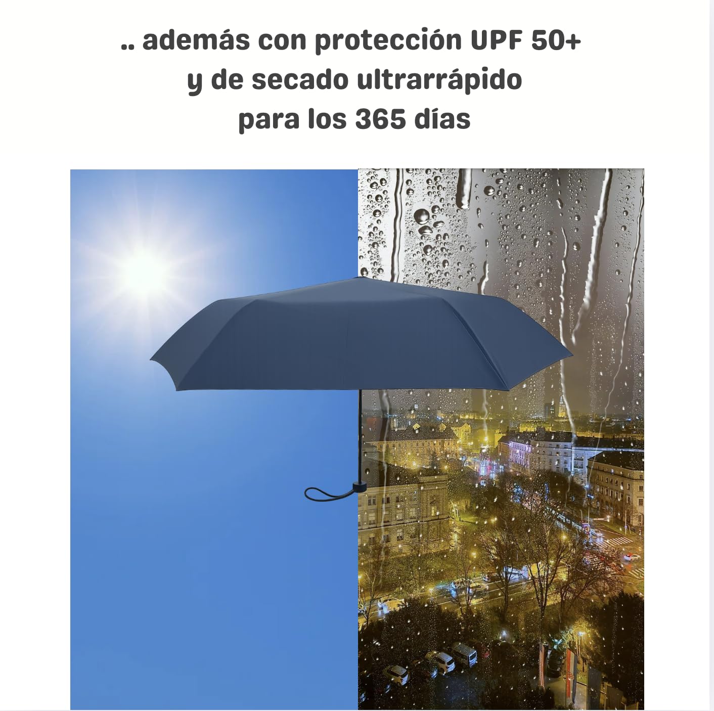 Paraguas de bolsillo Sun & drops. Plegable ultraligero 125g. UPF 50+ Protección solar ideal sol intenso. Repelente al agua, secado ultrarrápido. Apto para lluvia ligera/moderada. No para viento fuerte