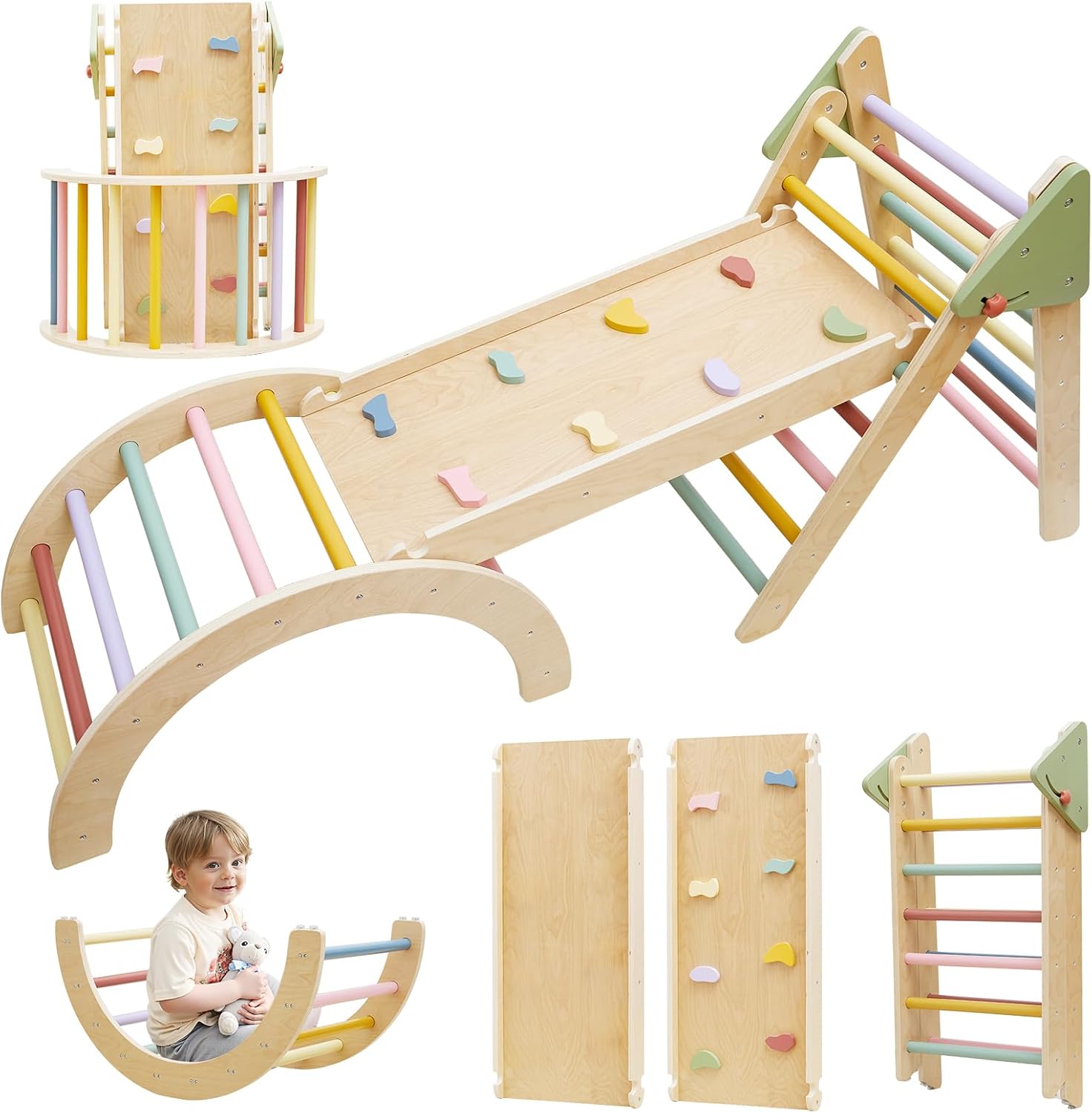 3in1 Pikler Triangle Set, Pikler Triangle Climbing Toys Set for Toddlers, Wooden Toddler Climbing Toys Indoor Playground, Foldable Montessori Climbing Set with Arch&Ramp&Ladder, Jungle Gym for Kids