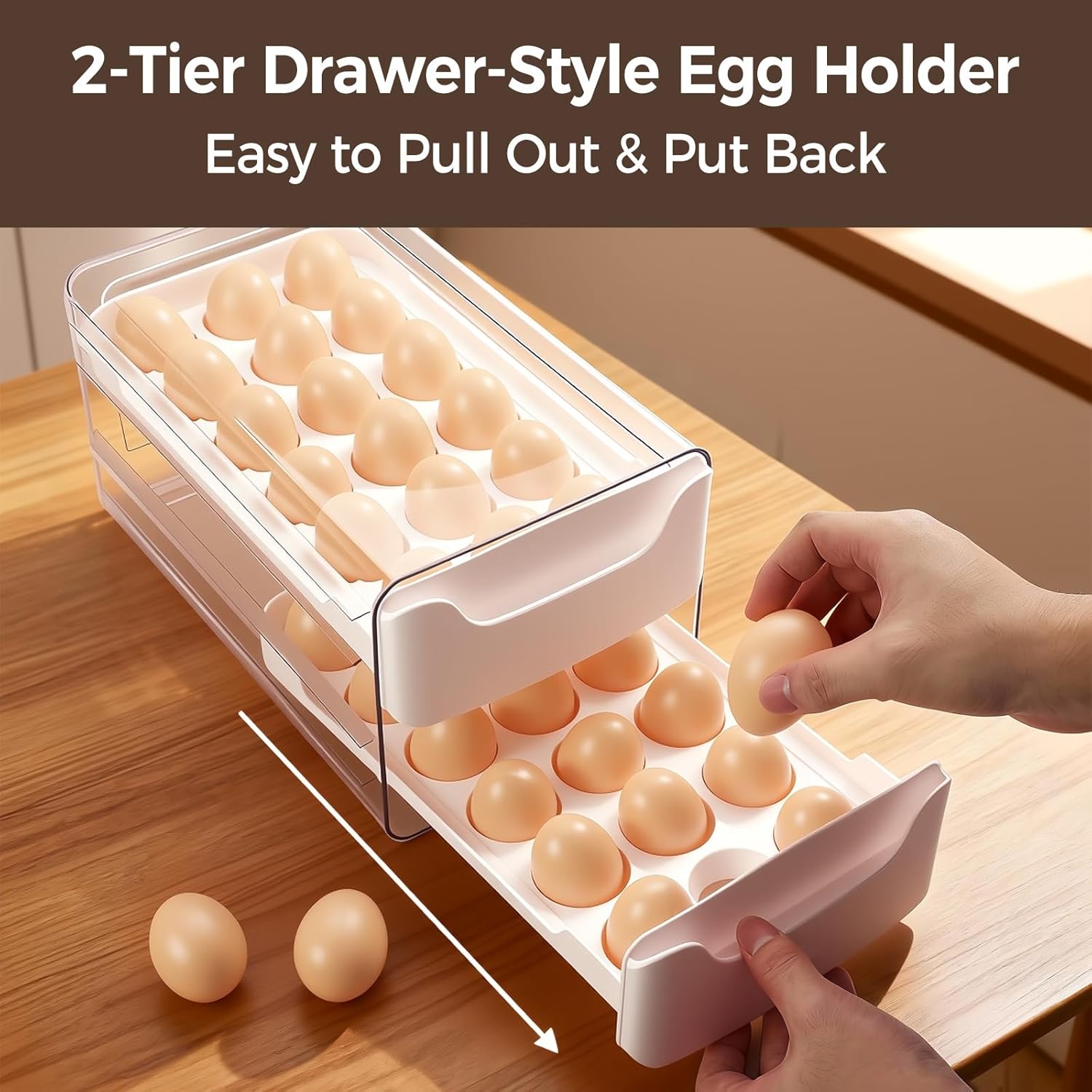 36-Egg-Holder for Fridge, Egg-Storage for Refrigerator Countertop, 2 Tier Dispenser with Drawer, Stackable Clear Egg Tray Container, Egg Organizer, Fits Large Eggs, White