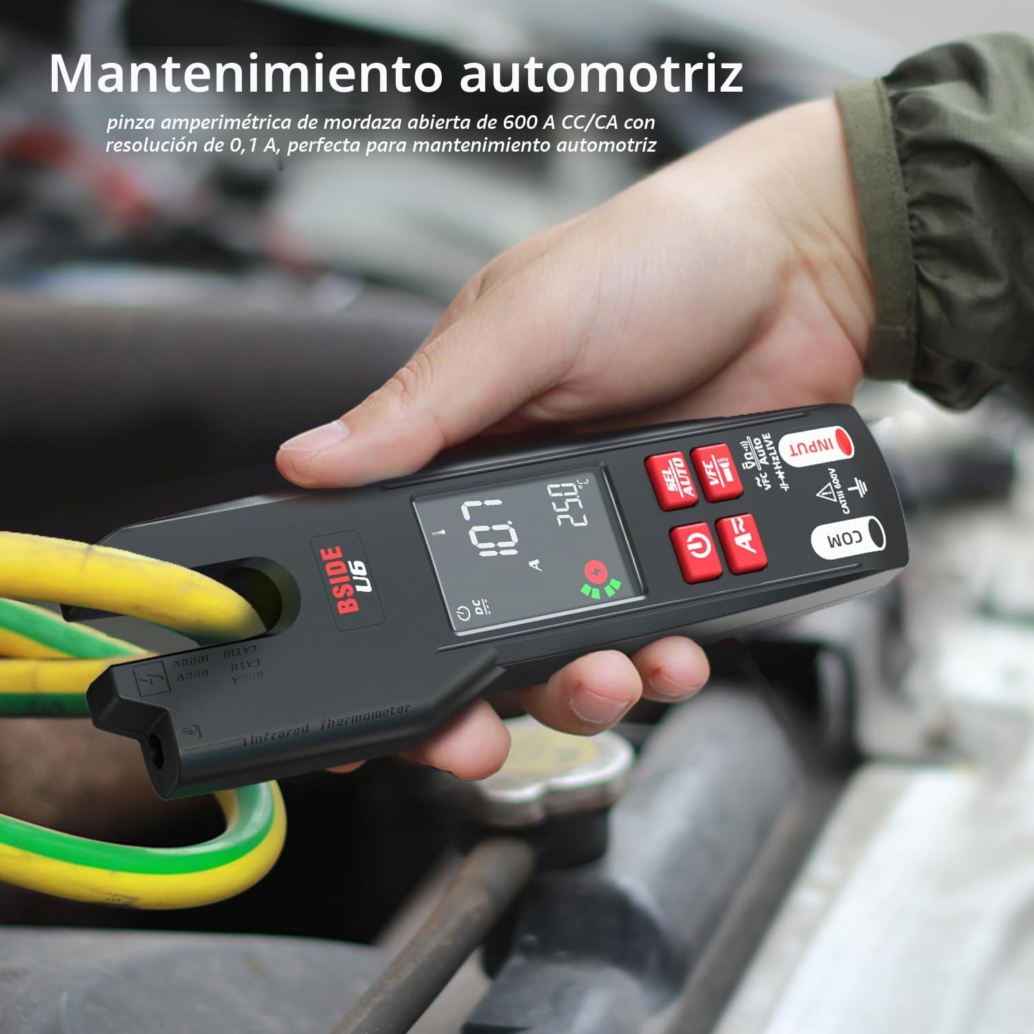 BSIDE U6 Comprobador Eléctrico con Termómetro Infrarrojo Pinza Amperimétrica AC DC 600A 9999 Cuentas LCD Color VFC Multímetro Digital Inteligente Mordaza Abierta con Batería Recargable y Estuche