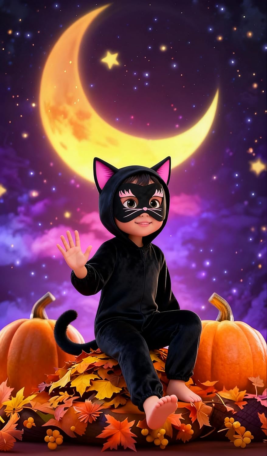 IKALI Girls Cat Costume, Black Cat Plush Hooded Jumpsuit, Cute Kitten Kitty Animal Dress up for Toddlers Kids Boys - Image 3